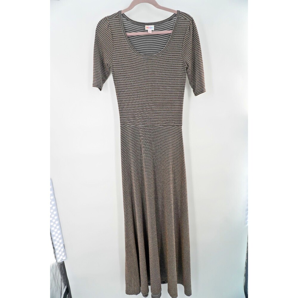 LuLaRoe Ana Maxi Dress Black Brown Striped Knit Scoop Neck Fit Flare Size Small